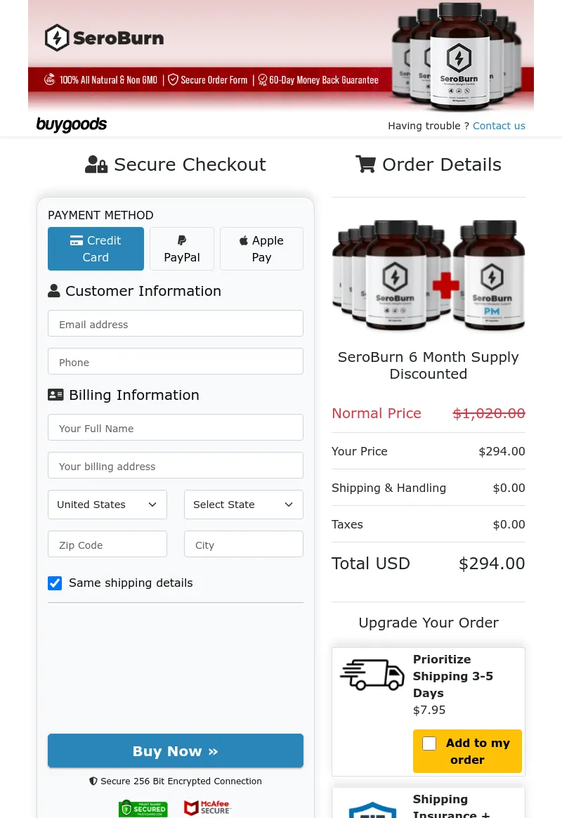 SeroBurn secure checkout page